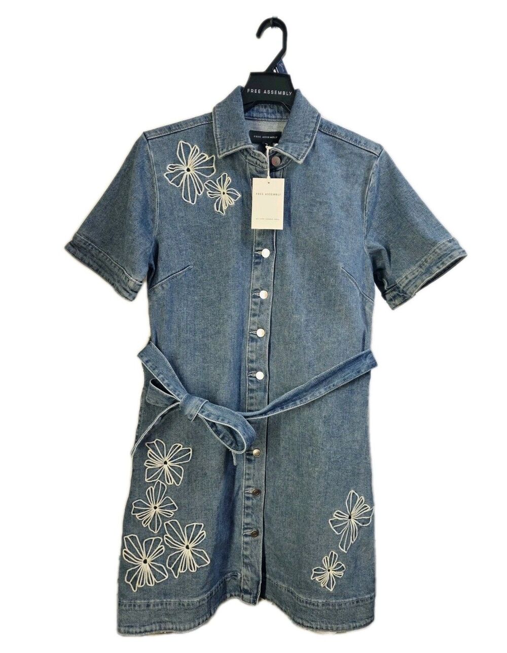 Free Assembly Womens XS Floral Embroidered Mini Denim Dress Tie Belt Heavyweight